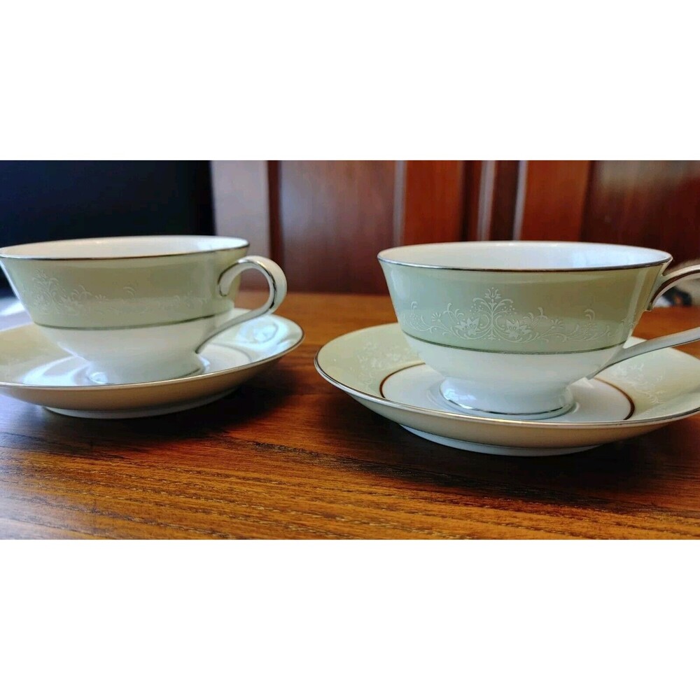 2 Noritake Maureen Cup And Saucer Sets 6728 Green Rim White Silver Trim Japan - Picture 4 of 8